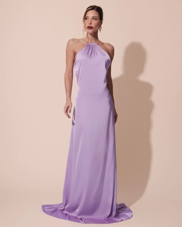 Vestido de Festa Longo Cetim Fluido com Argola Frente Única Lilás