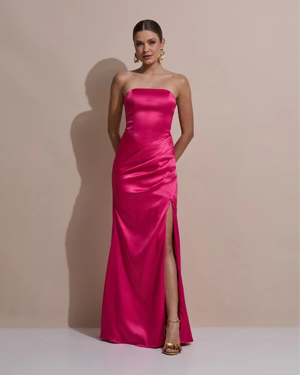Vestido De Festa Longo Tomara Que Caia Drapeado Cetim Alfaiataria Trançado Costas Pink