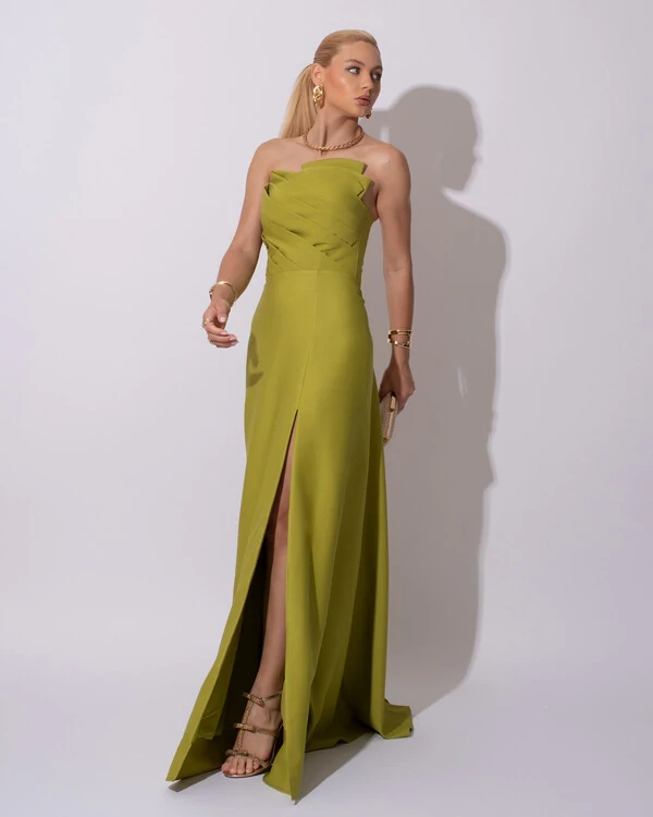Vestido de Festa Longo Alfaiataria Tomara que Caia com Fenda Detalhe Verde Pistache