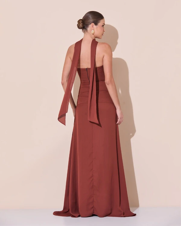 Vestido de Festa Longo Decote Coração Crepe Chiffon Drapeado Plissado Lenço Marrom New