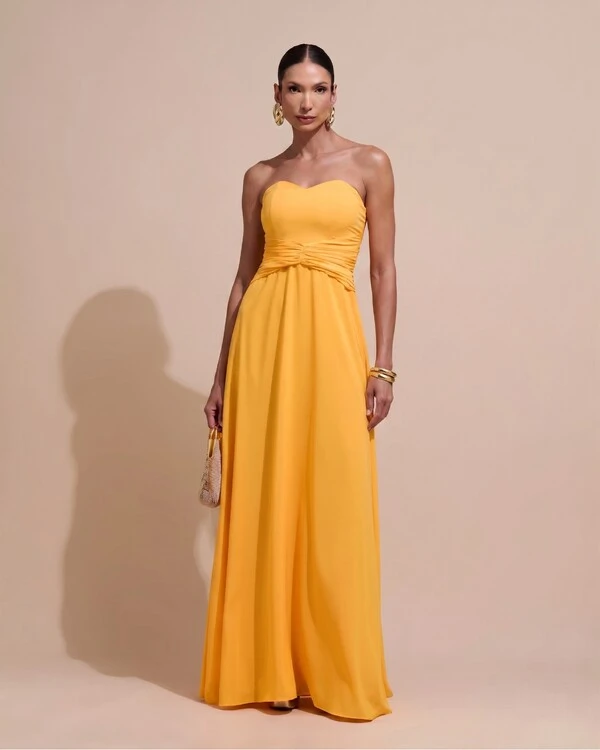 Vestido de Festa Longo Tomara Que Caia Crepe Chiffon Drapeado Capa Laranja Manga New
