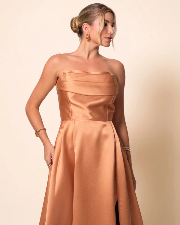 Vestido de Festa Longo Tomara que Caia Trançado Costa em Zibeline Mocha Mousse New