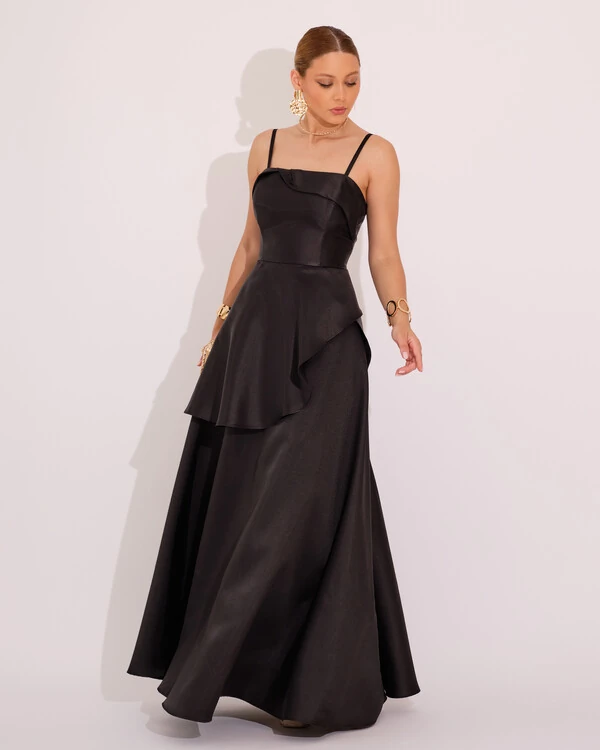 Vestido de Festa Zibeline Tomara que Caia com Recortes e Camadas Preto