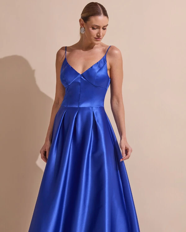 Vestido de Festa Longo Alça Fina Decote V Cetim Saia Evasê Azul Royal
