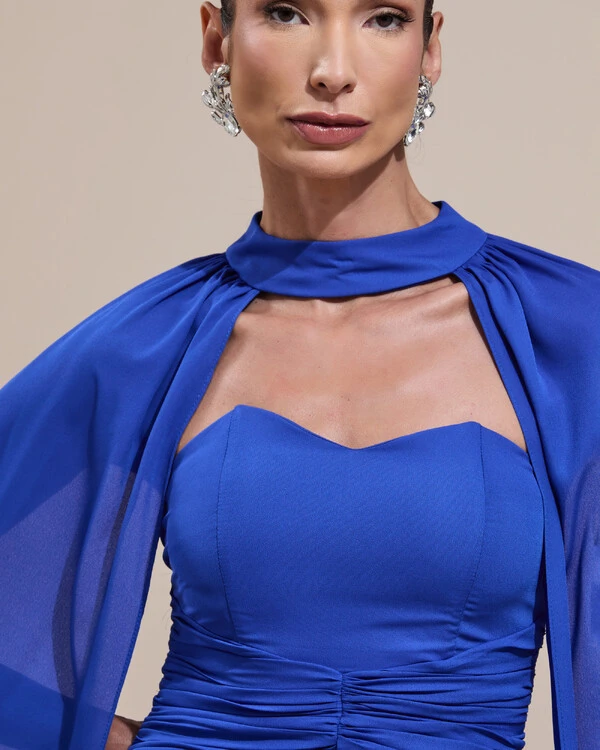Vestido de Festa Longo Tomara Que Caia Crepe Chiffon Drapeado Capa Azul Royal