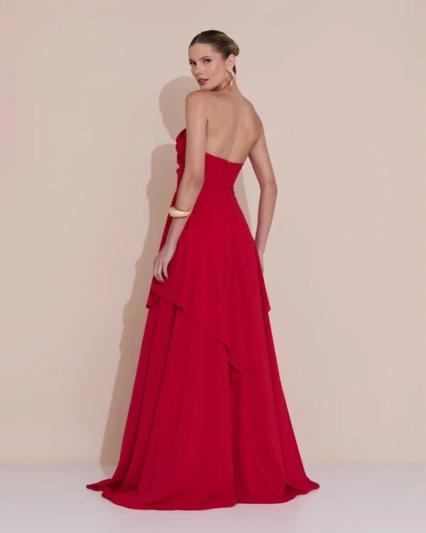 Vestido de Festa Longo Tomara que Caia Crepe Chiffon Drapeado Camadas Vermelho