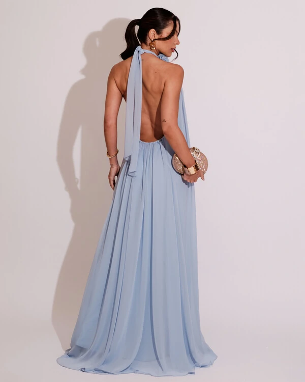 Vestido Longo Crepe Frente Única Fluido Flor Removível Serenity