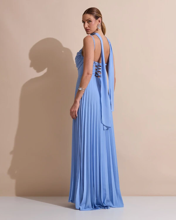 Vestido de Festa Longo Crepe Chiffon Plissado Trançado e Lenço Azul Atlantis