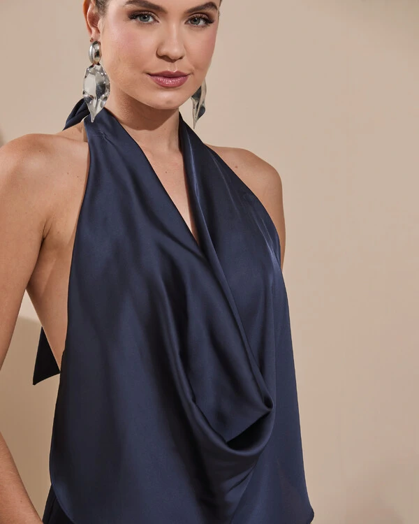 Vestido de Festa Longo Cetim Fluido Frente Única Degagê Mil Formas Azul Marinho