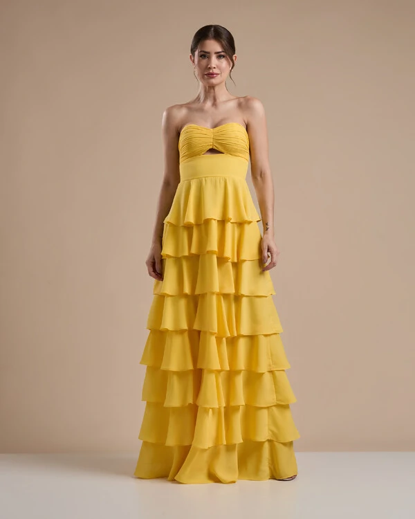 Vestido Longo Crepe Chiffon Tomara que Caia Plissado em Camadas Amarelo