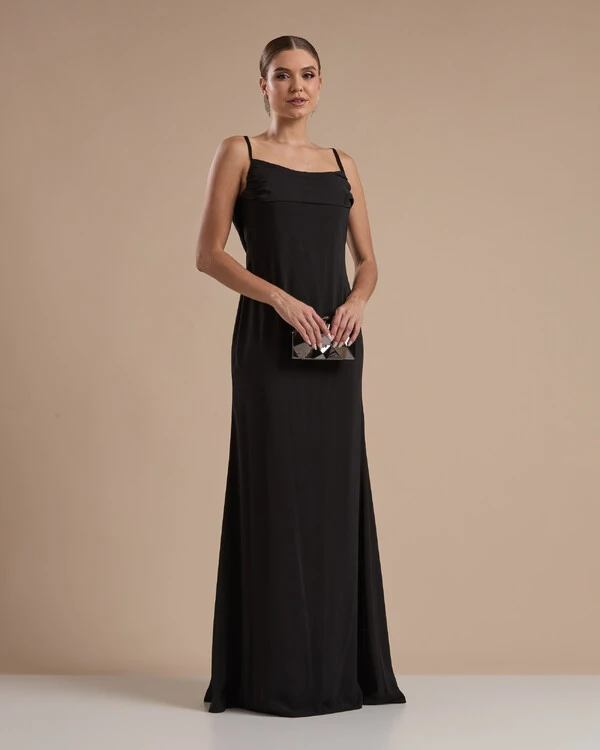 Vestido de Festa Longo Crepe Chiffon Costas Lenço Cauda Preto