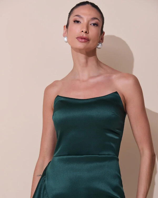 Vestido de Festa Longo Tomara que Caia Cetim Babado Fenda Verde Escuro