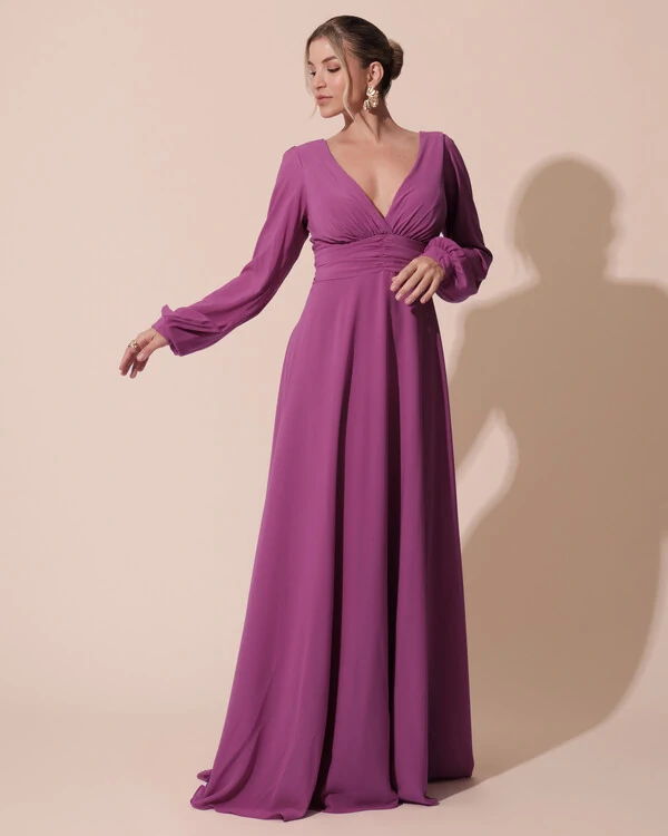 Vestido de Festa Manga Longa com Cintura Drapeada Decote V Fúcsia