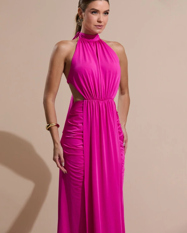 Vestido de Festa Longo Malha Jersey Gola Alta Saia Sereia Pink