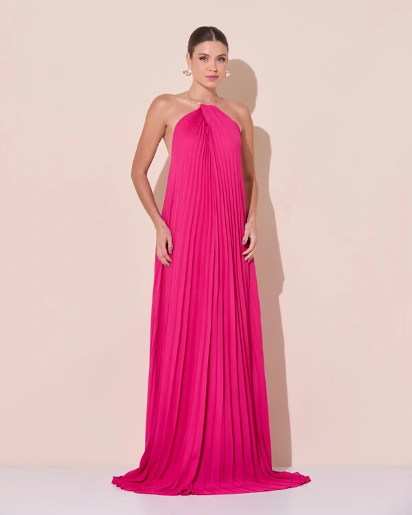 Vestido de Festa Longo Frente Única Plissado Crepe Chiffon Argola Pink Escuro