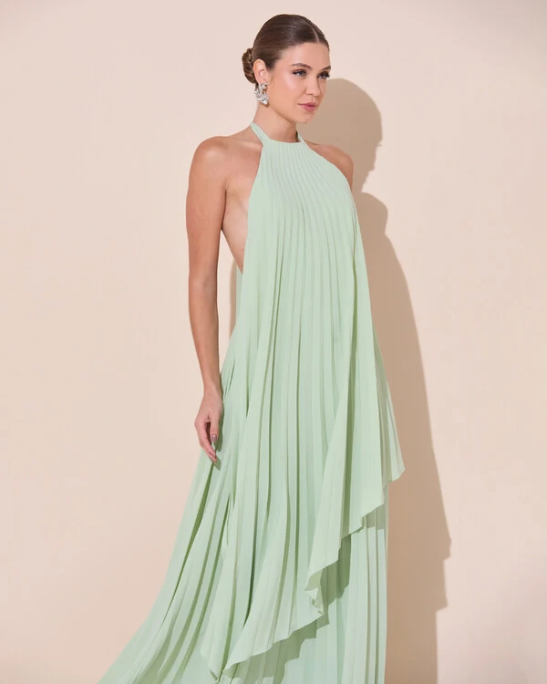 Vestidos de Festa Longo Chiffon Fluido Frente Única Plissado Duplo Verde Menta New