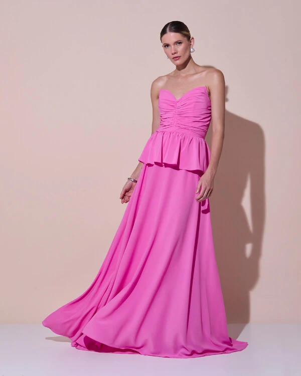 Vestido de Festa Longo Crepe Chiffon Tomara que Caia Peplum Drapeado Rosa New