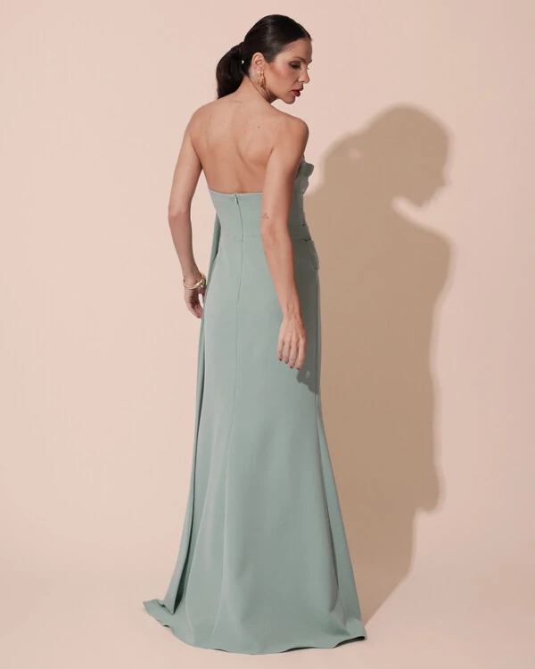 Vestido de Festa Longo Alfaiataria Tomara que Caia Drapeado Faixa Verde Menta