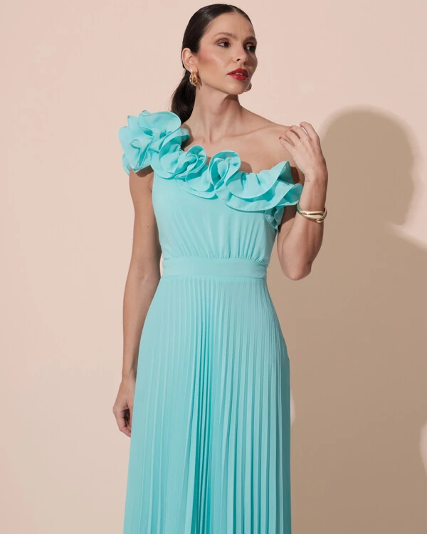 Vestido de Festa um Ombro Só Flor Saia Plissado Tiffany