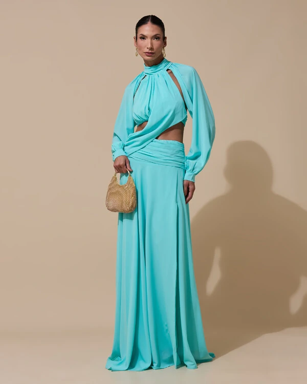 Vestido de Festa Longo Gola Alta Crepe Chiffon Recortes Drapeado Manga Longa Fenda Tiffany