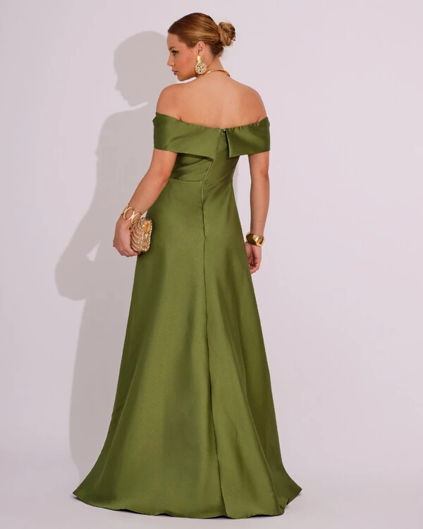 Vestido de Festa Longo Ombro a Ombro Laço Zibeline com Fenda Verde Oliva