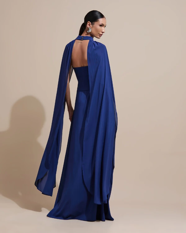 Vestido de Festa Longo Tomara Que Caia Crepe Chiffon Drapeado Capa Azul Marinho