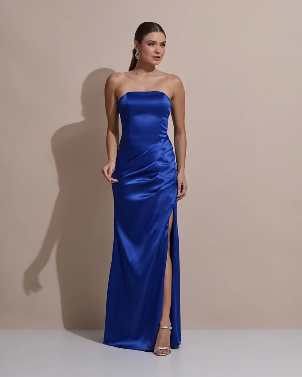 Vestido De Festa Longo Tomara Que Caia Drapeado Cetim Alfaiataria Trançado Costas Azul Royal