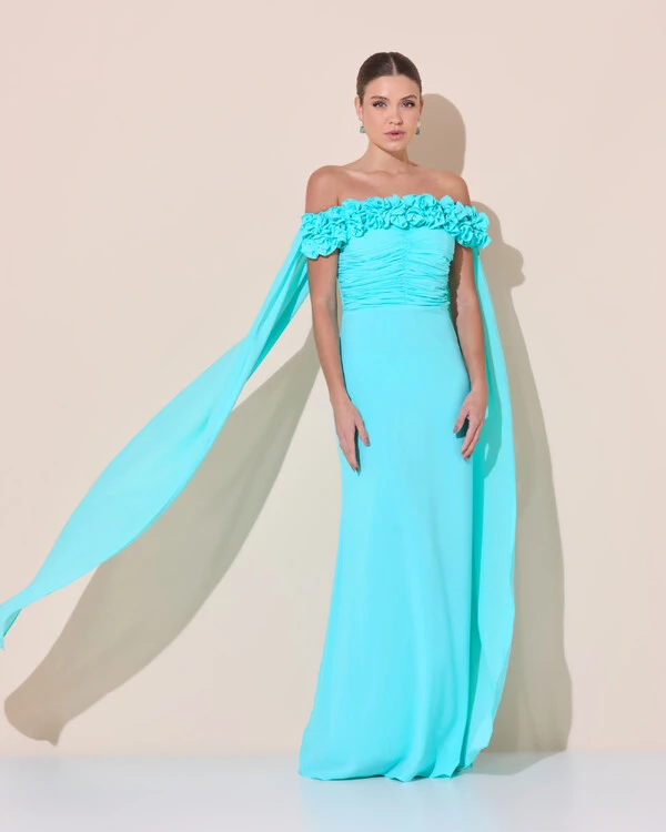 Vestido de Festa Longo Ombro a Ombro Plissado Crepe Chiffon Capa Flor 3D Tiffany