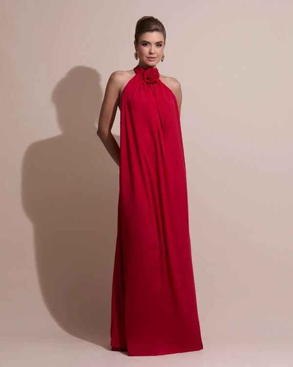 Vestido Longo Crepe Chiffon Frente Única Fluido Flor Removível Vermelho