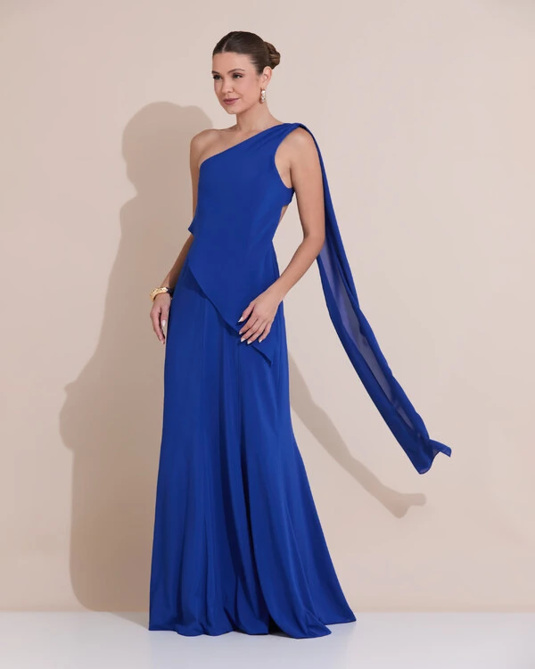 Vestido de Festa Longo Um Ombro Só Crepe Chiffon Lenço Azul Royal