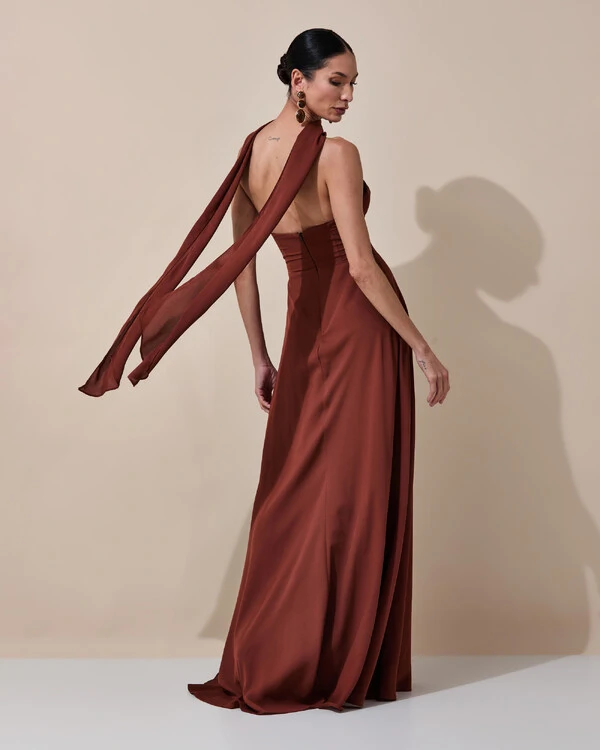 Vestido de Festa Longo Tomara que Caia Crepe Chiffon Decote Coração Lenço Marrom New