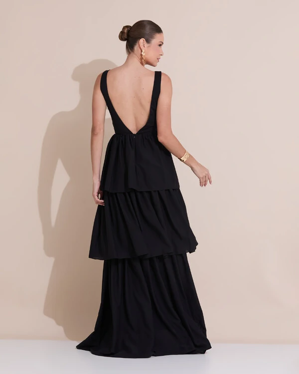 Vestido de Festa Longo Decote V Crepe Chiffon Plissado Camadas Babado Preto