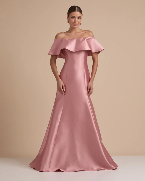 Vestido de Festa Longo Zibeline Ombro a Ombro com Babado Rose