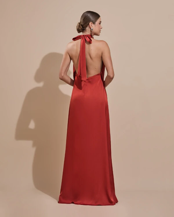 Vestido de Festa Longo Cetim Fluido Frente Única Degagê Mil Formas Terracota