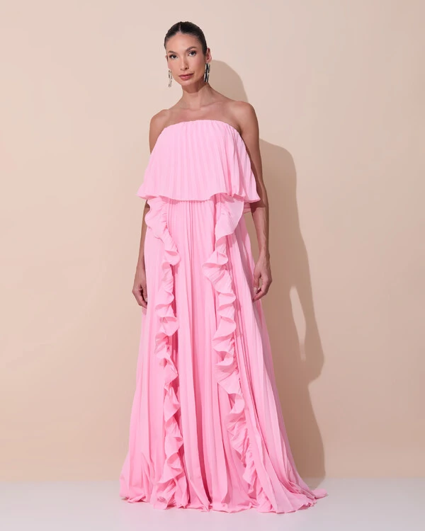 Vestido de Festa Longo Crepe Chiffon Tomara que Caia Plissado com Babado Cascata Rosa Claro