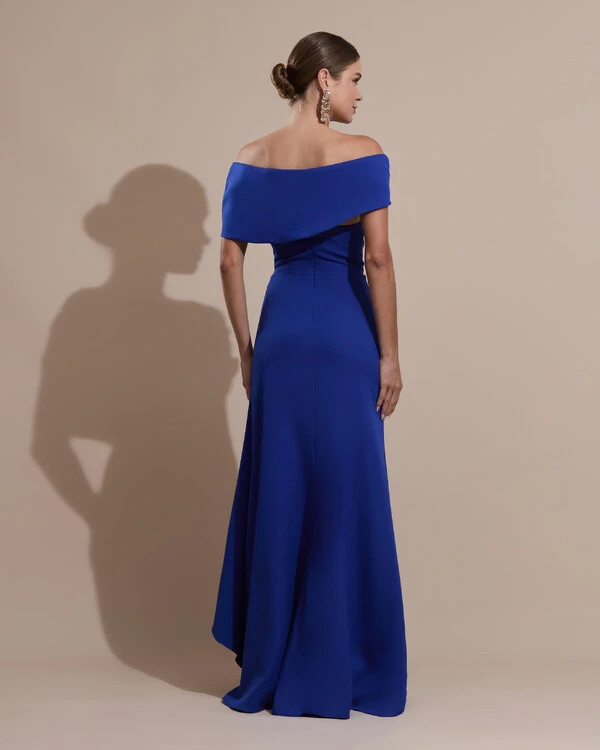 Vestido de Festa Longo Alfaiataria Ombro a Ombro com Babado Cascata Azul Royal
