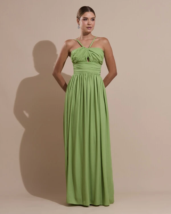 Vestido de Festa Longo Crepe Chiffon Drapeado com Alças Finas Verde Garden