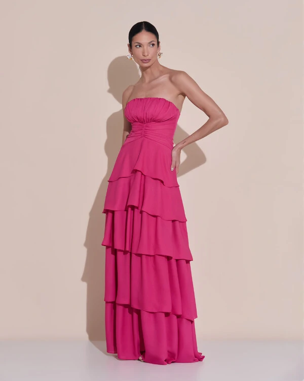 Vestido de Festa Longo Tomara que Caia Drapeado Crepe Chiffon Babados Camadas Pink Escuro