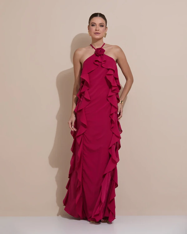 Vestido de Festa Longo Crepe Chiffon Frente Única Babados Cascata e Flor Cereja