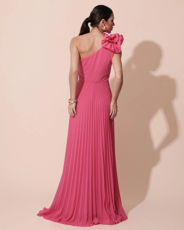 Vestido de Festa um Ombro Só Flor Saia Plissado Pink New