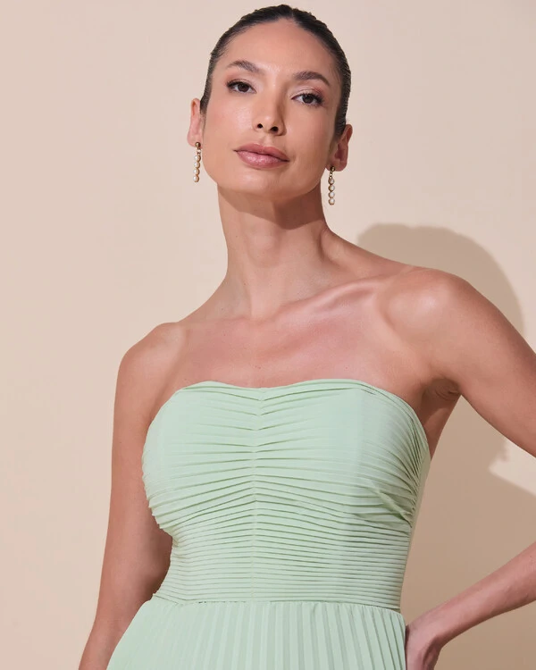 Vestido de Festa Longo Tomara que Caia Crepe Chiffon Plissado Camadas Verde Menta New
