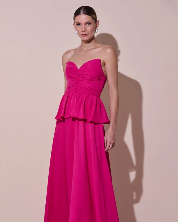 Vestido de Festa Longo Crepe Chiffon Tomara que Caia Peplum Drapeado Pink Escuro