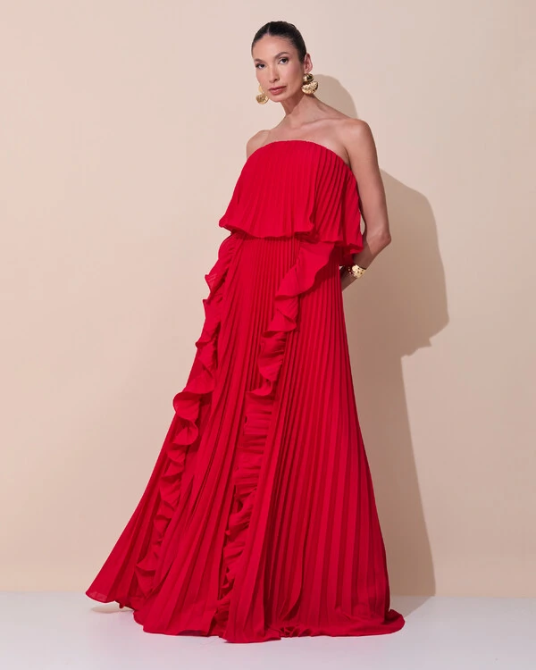 Vestido de Festa Longo Crepe Chiffon Tomara que Caia Plissado com Babado Cascata Vermelho