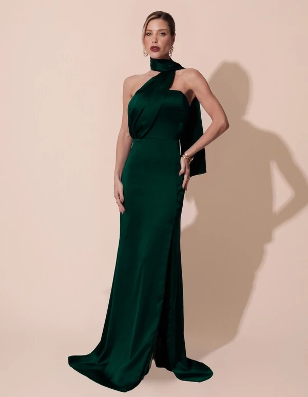 Vestido de Festa Longo Cetim Alfaiataria Tomara que Caia com Faixa Lenço Verde Escuro