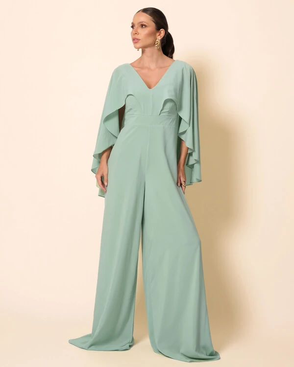 Macacão de Festa Longo Crepe Chiffon com Capa Verde Menta