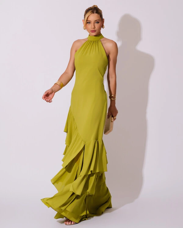 Vestido de Festa Longo Chiffon Crepe Gola Alta Babados Verde Pistache