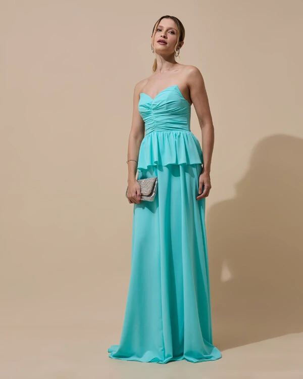 Vestido de Festa Longo Crepe Chiffon Tomara que Caia Peplum Drapeado Tiffany