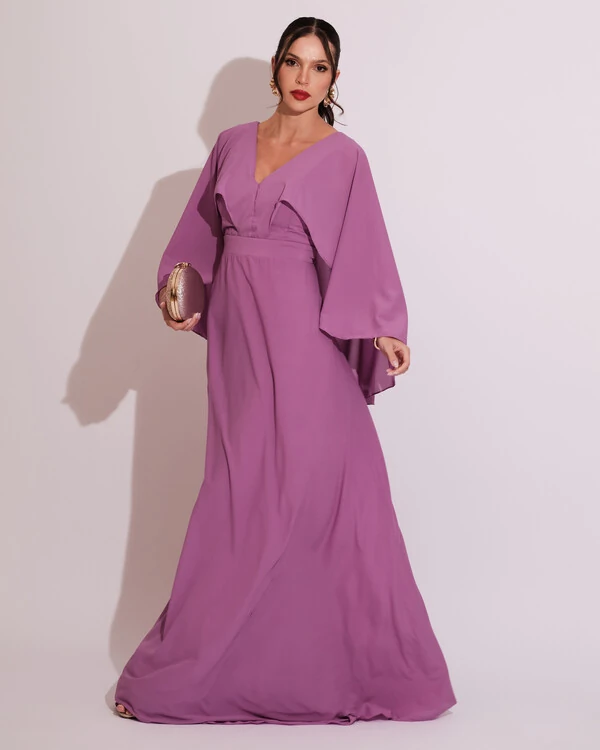 Vestido Longo com Capa Crepe Fucsia