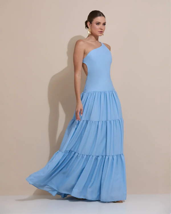 Vestido de Festa Longo Um ombro Só Crepe Chiffon Saia Fluida Serenity