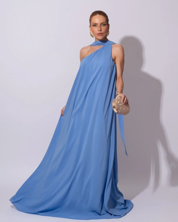 Vestido de Festa Longo Crepe Fluido um Ombro Só com Lenço Azul Atlantis